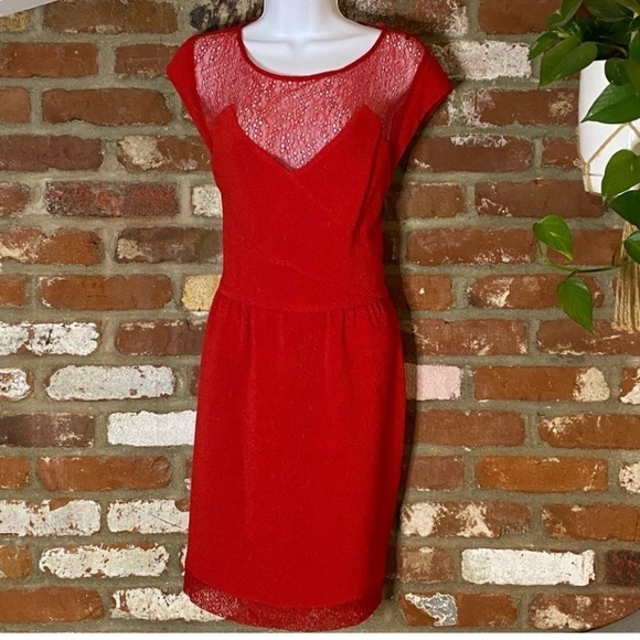 The Kooples Red Lace Illusion Mini Dress short sleeve Size XS - Picture 3 of 9